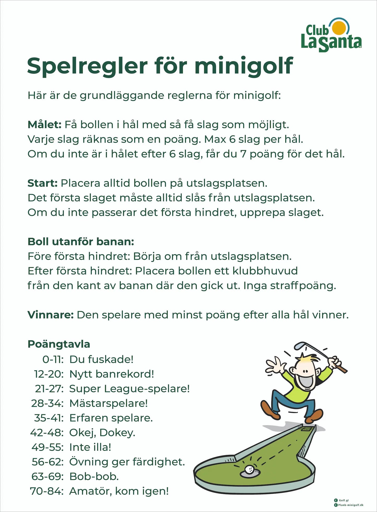 Regel skilt til MiniGolf / Adventure Golf på svensk