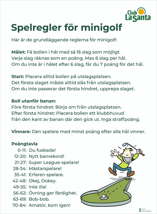 Regel skilt til MiniGolf / Adventure Golf på svensk