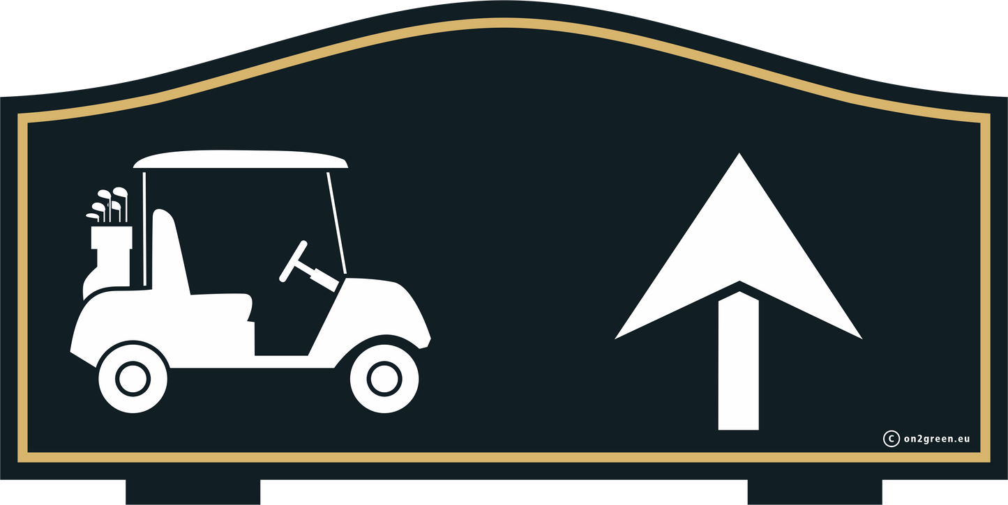 Golfskilt: NEXT TEE - golfbil og pil op