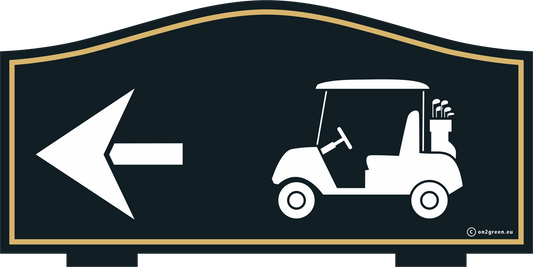 Golf Sign: NEXT TEE - golf car and left arrow