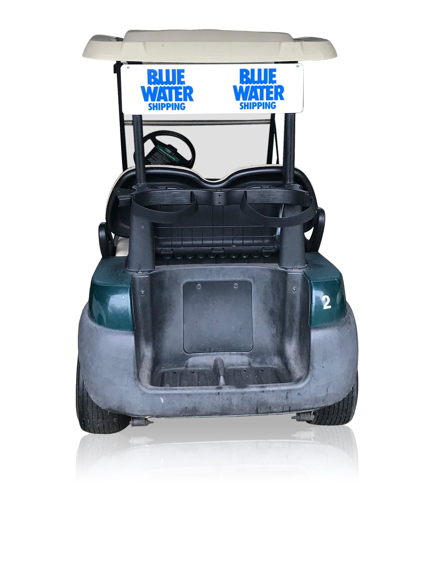 Sign plate with print to the back of a golf cart